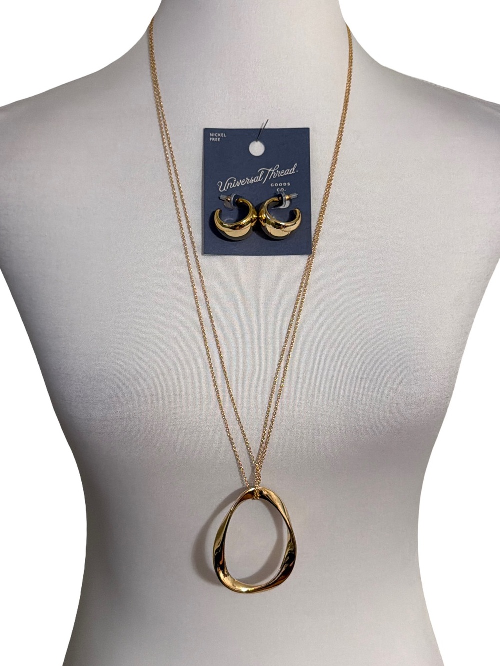 a new day Gold-Tone Double Layer Necklace with Oval Pendant & Hoop Earrings